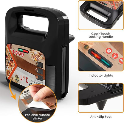 Sunvivi 3 in 1 Electric Sandwich Maker: Panini Press Grill and Waffle Iron Set, Grill and Sandwich Press with Removable Nonstick Plates, Indicator Lights & Cool Touch Handle, 800W, Black