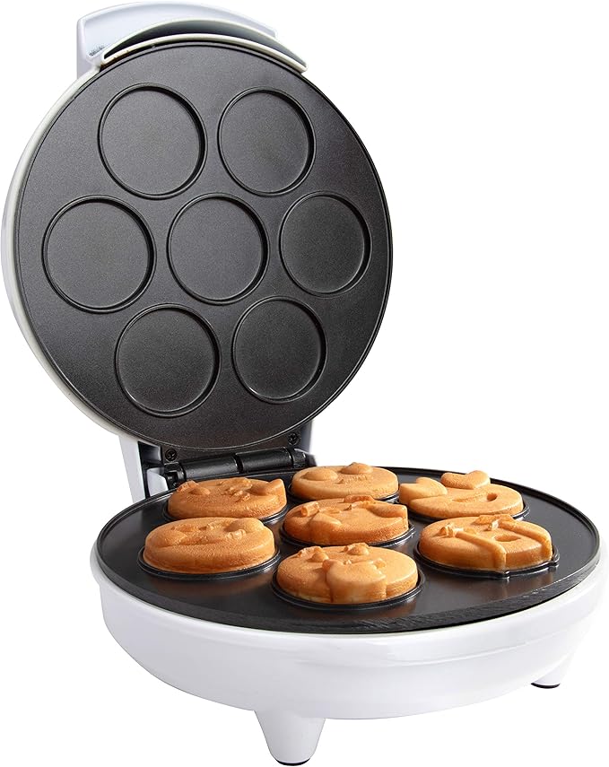 Mini Emojis Waffle Maker for Special Breakfast- Make 7 Unique Smiley Face Waffles Pancakes- Electric Non Stick Iron Feat Kiss Face Heart Eyes & Smile with Recipes, Gift for Her Kids- Licensed by Emoji