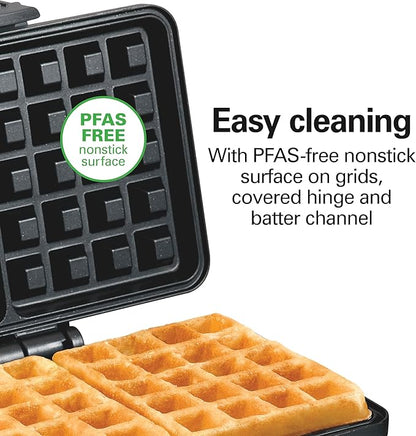 Hamilton Beach Belgian Mini Waffle Maker with Shade Control, Makes 2 at Once, Create Personalized Keto Chaffles and Hash Browns, PFAS-Free Non-Stick Plates, Compact Design, Stainless Steel (26009)