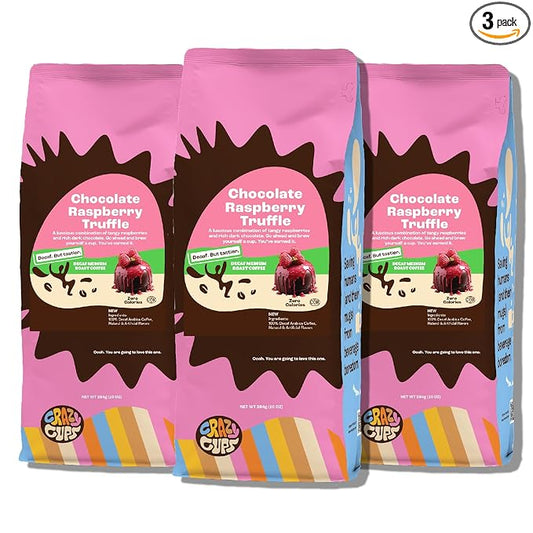 Crazy Cups Flavored Ground Decaf Chocolate Coffee, Decaffeinated Chocolate Raspberry Coffee in 10 oz Bag, For Brewing Flavored Hot or Iced Coffee, (Pack of 3)