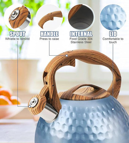 Stainless Steel Tea Kettle Blue, Teapot 3.2 Quart Whistling Tea Kettle, Tea Pots for Stove Top with Wood Pattern Handle, Gas Electric Applicable