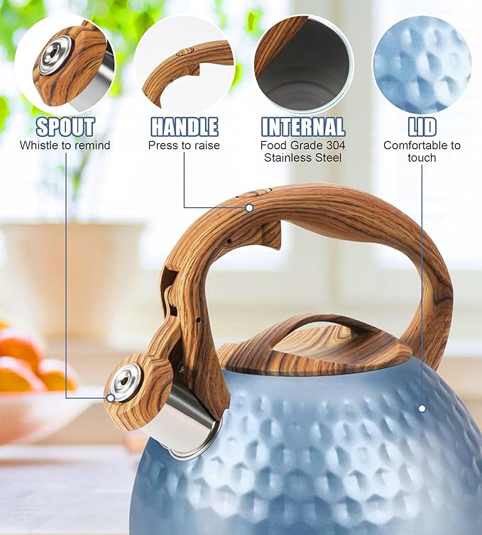 Stainless Steel Tea Kettle Blue, Teapot 3.2 Quart Whistling Tea Kettle, Tea Pots for Stove Top with Wood Pattern Handle, Gas Electric Applicable