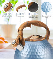 Stainless Steel Tea Kettle Blue, Teapot 3.2 Quart Whistling Tea Kettle, Tea Pots for Stove Top with Wood Pattern Handle, Gas Electric Applicable