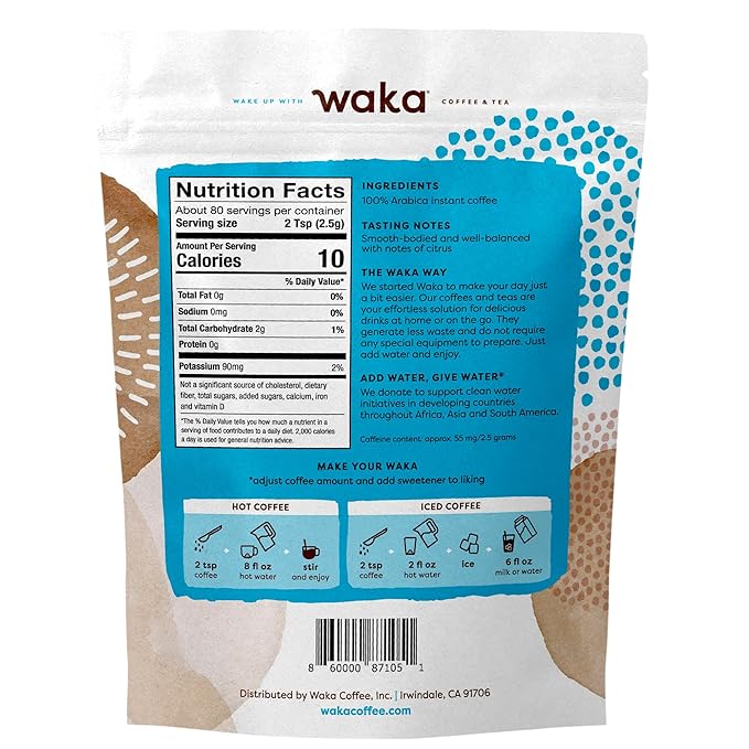 Waka Premium Instant Coffee Pouch — 100% Colombian Arabica Freeze Dried Beans — For Hot or Iced Coffee (8 Ounces, Medium Roast)