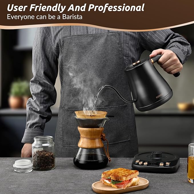 Electric Gooseneck Kettle, 1200W, 6 Temperature Settings, Stainless Steel Inner Lid & Bottom, 1L Quick Heating Pour Over Kettle for Coffee & Tea, Matte Black