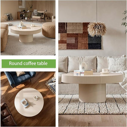 Handmade Wooden Drum Coffee Table、Elegant Round Fluted Wood Coffee Tables、Rustic Modern Circular Centerpiece for Living Room & Farmhouse Decor (A White 30.7in)