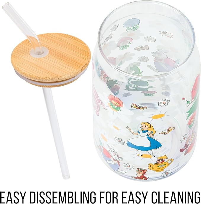 Silver Buffalo Disney Alice in Wonderland Featuring Cheshire Cat, White Rabbit, and Mad Hatter in Wild Flowers Glass Jar Tumbler with Bamboo Lid and Glass Straw, 16 Ounces