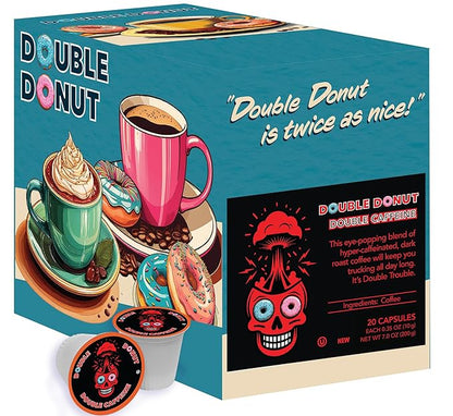 Double Donut Coffee High Caffeine Coffee Pods, Extra Strong Double Caffeine Dark Roast Coffee,Compatible with Keurig K Cups Brewers, 20 Count