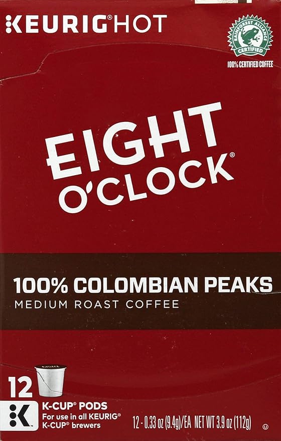 EIGHT O CLOCK 100% COLOMBIAN PEAKS K CUP COFFEE CAFFEINE CUP IN BOX 3.9 OZ - 0011141106721