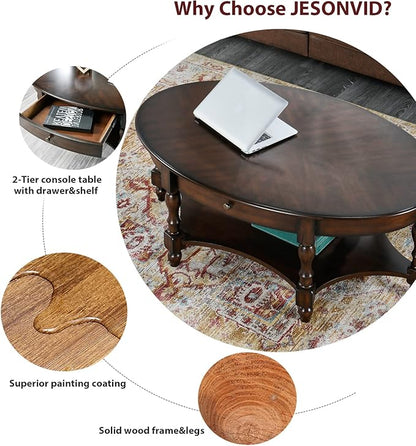 Solid Wood Oval Coffee Table with Drawer and Storage Shelf, 44.9" Traditional Retro Center Table Polished Edging Cocktail Tea Table for Living Room Bedroom Home, Vintage Walnut