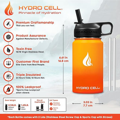 HYDRO CELL Stainless Steel Insulated Water Bottle with Straw - For Cold & Hot Drinks - Metal Vacuum Flask with Screw Cap and Modern Leakproof Sport Thermos for Adults (Red/Orange 14oz)