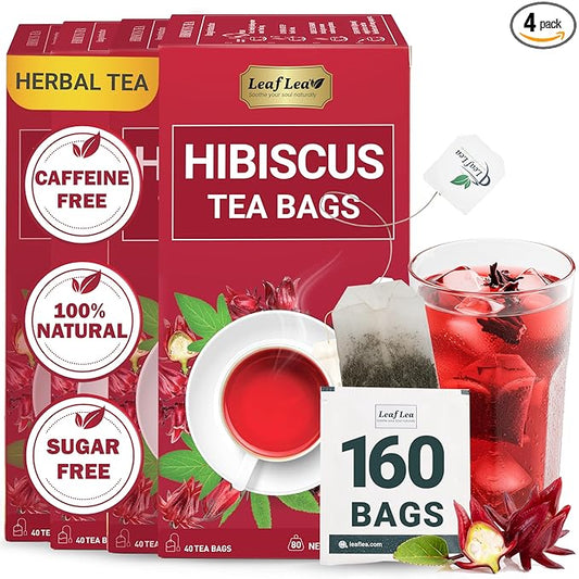 LeafLea Hibiscus Tea Bags – 160 Count, Individually Wrapped, 100% Natural Hibiscus Flower Herbal Tea, Caffeine-Free, Sugar-Free, Gluten-Free, Non-GMO, Te de Hibisco, Jamaica Tea, (Pack of 4)