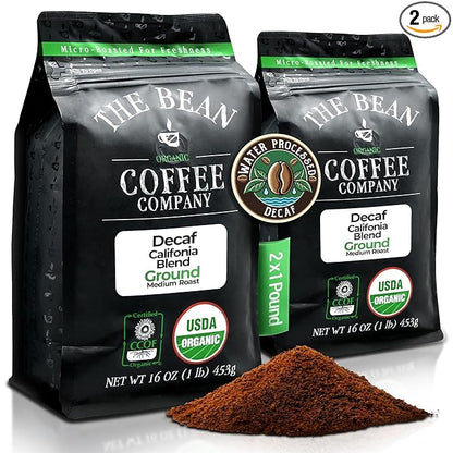 The Bean Organic Coffee Company Water Processed DECAF California Blend, Medium Roast, Ground Coffee, 16-Ounce Bags (Pack of 2), Café Molido Tostado Orgánico descafeinado