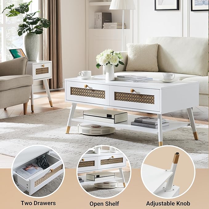 White Coffee Table with Storage Drawers & Open Shelf, Mid Century & Boho Living Room Table with Gold Metal Designed for Home