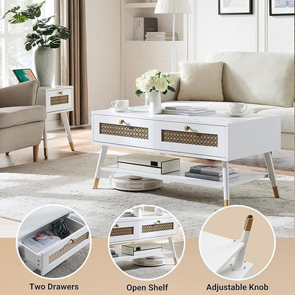 White Coffee Table with Storage Drawers & Open Shelf, Mid Century & Boho Living Room Table with Gold Metal Designed for Home