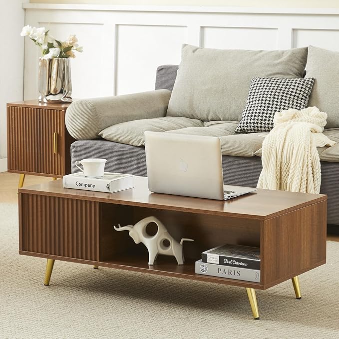 COSVALVE 41.3IN LED Walnut Coffee Tables for Living Room with 16 Colors LED Lights, Modern Minimalist Coffee Table with Fluted Panel, Rectangle Center Table Game Table