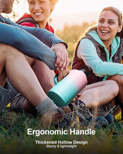 Trebo 64oz Water Bottle Insulated with Straw &2 Lids, Half Gallon Double Wall Vacuum Stainless Steel Metal Large Jug with Handle, Wide Mouth Coffee Flask Mug with Carry Pouch, Keep Cold Hot, Pink