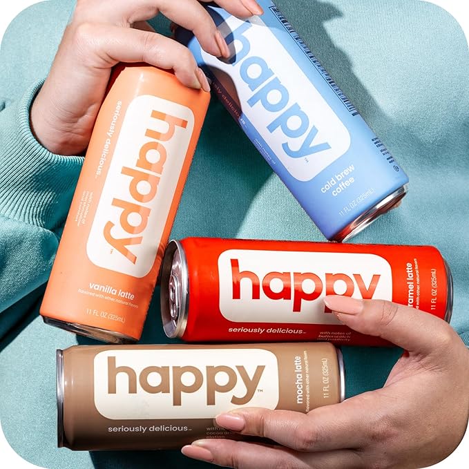 happy coffee cold brew, 11 oz. cans, 12 pack, notes of chocolate & genius, 100% arabica beans, no artificial flavors or sweeteners