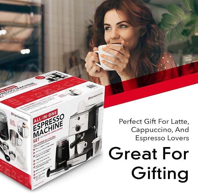 EspressoWorks All-In-One Espresso Machine with 7-Piece Set - Latte Maker Includes Grinder, Cups, Spoon and Tamper - Coffee Gifts (Stainless Steel)