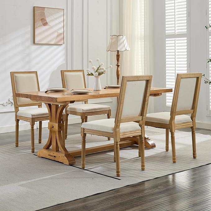 French Country Dining Chairs Set of 2, Beige Square Back Dining Chairs with Linen Upholstered Seat, Solid Wood Legs, Farmhouse Kitchen & Dining Room Chairs, Sillas De Comedor (Beige, 2Pcs)