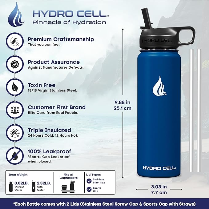 HYDRO CELL Stainless Steel Insulated Water Bottle with Straw - For Cold & Hot Drinks - Metal Vacuum Flask with Screw Cap and Modern Leakproof Sport Thermos for Adults (Navy 24oz)