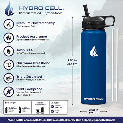 HYDRO CELL Stainless Steel Insulated Water Bottle with Straw - For Cold & Hot Drinks - Metal Vacuum Flask with Screw Cap and Modern Leakproof Sport Thermos for Adults (Navy 24oz)