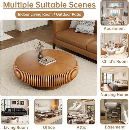 Round Coffee Table 39.3" Modern Brown Fluted Coffee Table Low Round Drum Pedestal Coffee Tables for Living Room Farmhouse (Brown 39.3 inch)