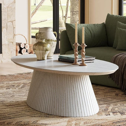 win2win Oval Coffee Table, Modern Faux Stone Coffee Table with Fluted Design, Travertine Tea Table with Tapered Base, Minimalist Center Table for Living Room, Apartment, Office, Stone