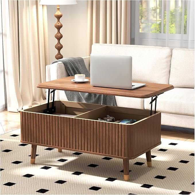 Lift Top Coffee Table with Storage Shelf & Hidden Compartment, Mid Century Modern Fluted Rectangle Dining Table for Living Room, Home Office, Walnut