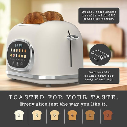 Rae Dunn Retro Digital Electric Toaster, 2 Slice Stainless Steel Toaster With Touchscreen, Countdown Timer, 6 Shade Settings, Wide Slots, High Lift Lever, Bagel, Defrost & Reheat, Cream New