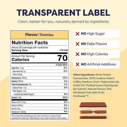 Tiramisu Protein Iced Coffee - Premium Whey Protein & Instant Iced Coffees - 100% Natural Cold Brew- Zero Artificial Flavors & Sweeteners, 80 mg Caffeine Per Serving, No Added Sugar, 20 Servings