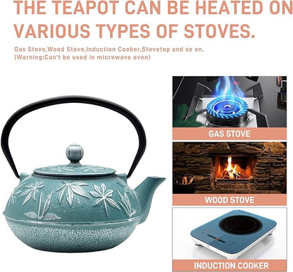 30.4oz Small Cast Iron Teapot Tea Kettle with Stainless Steel Infuser for Stovetop Safe Coated with Enameled Interior Japanese Tetsubin with Maple Leaves Pattern(30.4oz/900ml)