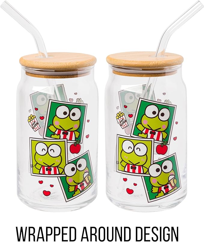 Silver Buffalo Sanrio Hello Kitty and Friends Keroppi Polaroids Glass Jar Tumbler with Bamboo Lid and Glass Straw, 16 Ounces