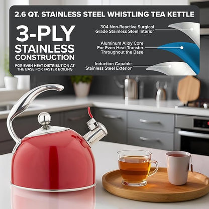 Viking 3-Ply Stainless Steel Tea Kettle, 2.6 Quart Stovetop Hot Water Pot with Tempered Glass Lid, Ergonomic Handle, Induction Ready, Red