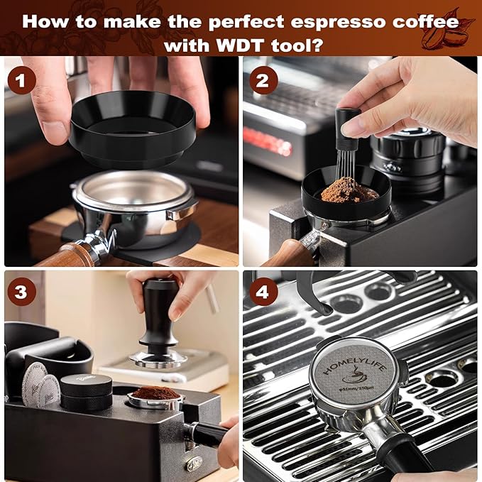 WDT Tools Espresso Puck Screen, 51mm Espresso Accessories Kit - 150μm Puck Screen Set, 0.25mm 316 Stainless Steel 8 Needles Coffee Distribution Stirrer, Portafilter Dosing Ring for Barista Black