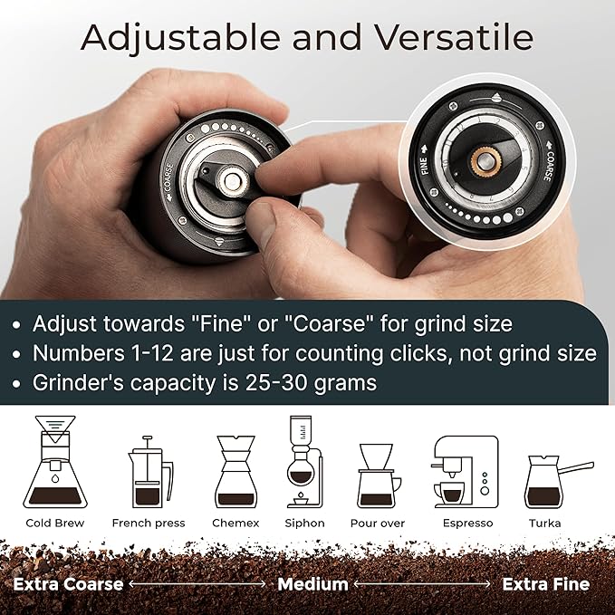 Manual Coffee Grinder by Alpaca Ventures - Stainless Steel Conical Burr Coffee Grinder Manual with Adjustable Setting Double Bearing Hand Espresso Grinder Perfect for Home, Office and Camping