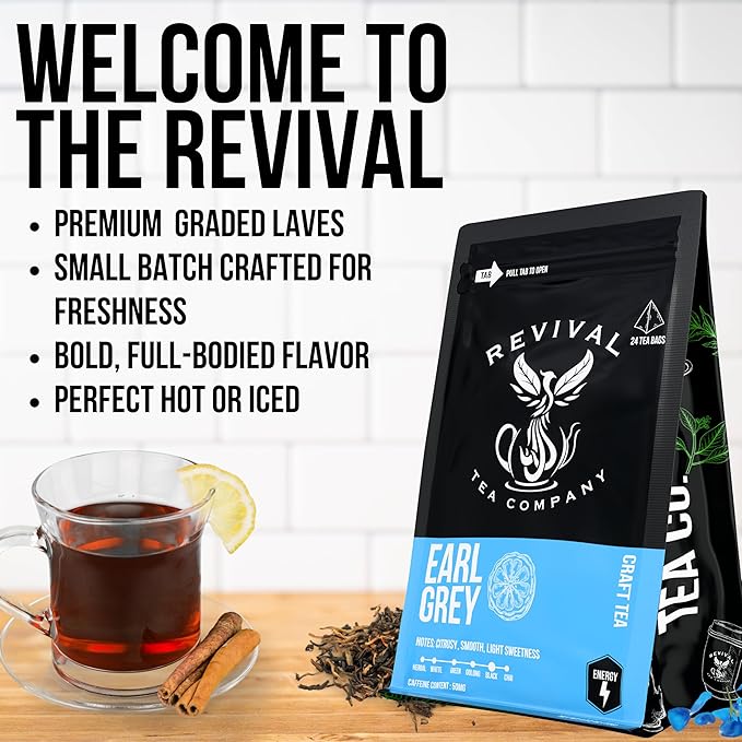 Revival Tea Company Earl Grey Tea - Black Tea Blend with Bergamot and Cornflower Petals - 24 Tea Bags