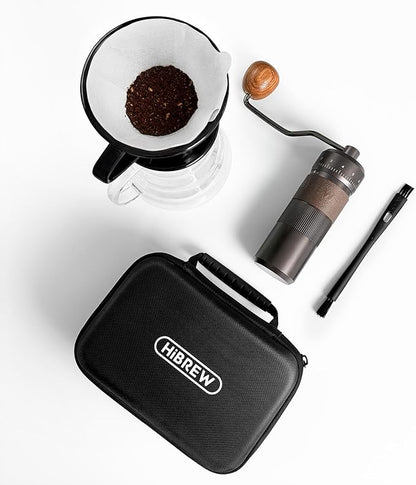 HiBREW G4B Manual Coffee Grinder with External Adjustable Dial - Aluminum Conical Burr Mill, Numerical Settings & Travel Case, Coarse to Fine Grind for Espresso Pour Over Moka Pots. 22g Capacity