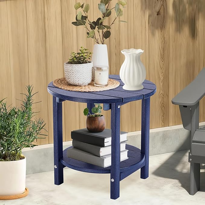LZRS Round Adirondack Side Table Double End Table, Outdoor Side Tables for Patio, Backyard,Pool, Indoor Companion, Easy Maintenance & Weather Resistant(Navy Blue)
