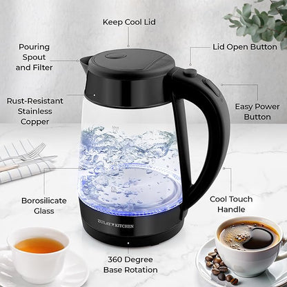 Zulay Kitchen Fast Boiling Electric Water Kettle - 1.7L, 1500W, Auto Shut-Off for Overboil & Boil Dry Protection, Cool-Touch Handle, 360° Base - Rapid Teapot Boiler For Coffee & Tea - Black Metallic