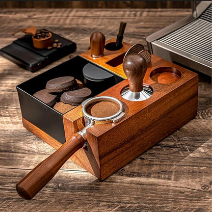 Espresso Tamping Station Knock Box - 9 in1 Espresso Knock Box And Tamp Station Coffee Organizer Fit for 51mm 53mm 54mm 58mm Espresso Tamper Distributor Portafilter Puck Screen Accessories Storage
