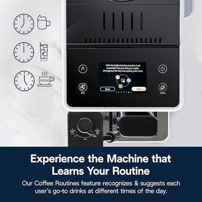 De'Longhi Rivelia Automatic Espresso Machine with Grinder & Milk Frother – All-in-One Coffee Maker, Hot & Iced Latte, Cappuccino, Bean Switch System, Burr Grinder, Compact Italian Design, White