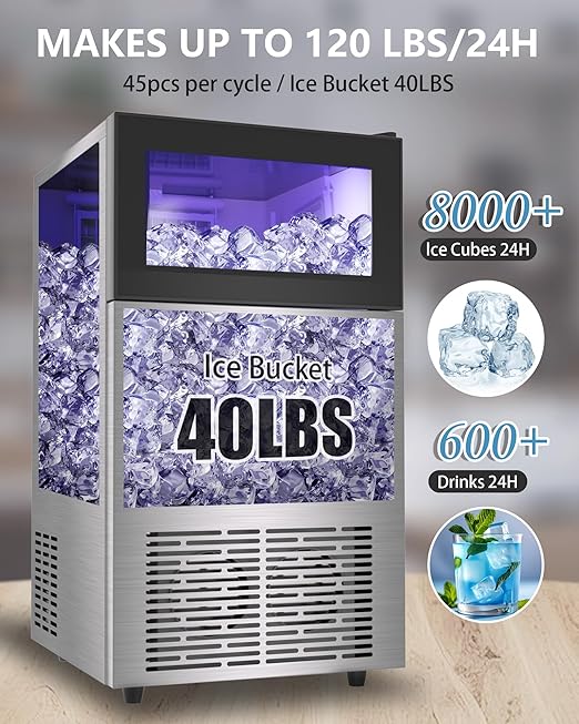 Commercial Ice Maker Machine 120LBS/Day, Undercounter Ice Makers 40Lbs Storage Bin and 45 Ice Trays, Outdoor Ice Maker Brushed Metal with Water Line, Ice Scoop, for Home, Bar, Party