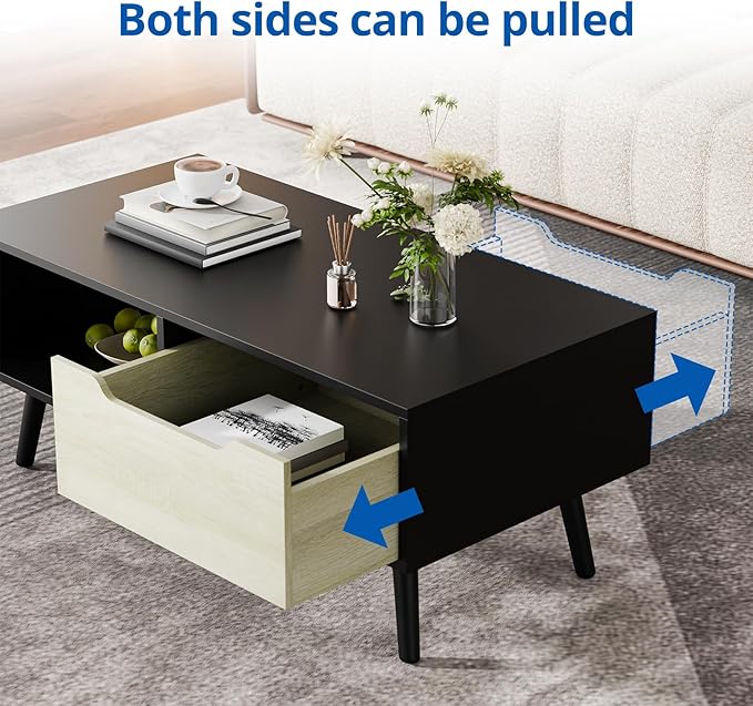 Cozy Castle Modern Coffee Table, Wooden Cocktail Table with Storage, Minimalist Hallway Table, Mid Century Modern Coffee Table for Living Room Apartment Reception, Black