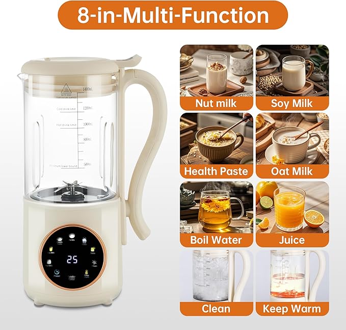 48 oz Nut Milk Maker Machine with 16 Blades, 8 in 1 Automatic Homemade Almond, Oat, Soy, Plant-Based Milk and Dairy Free Beverages, Almond Maker, Self-cleaning, Keep Warm/24-Hour Delay