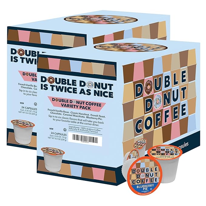 Double Donut Coffee Variety Pack Assorted Medium Roast, Dark Roast & Flavored Coffee in Recyclable Single Serve Cup, 48 Count