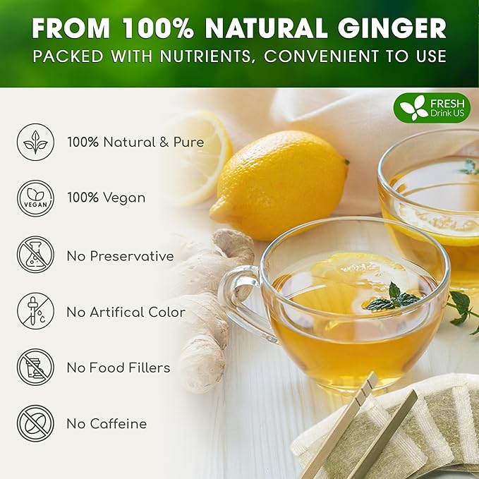 FreshDrinkUS, 150 Premium Ginger Tea Bags, Non GMO, 100% Natural & Pure from Ginger Root, Root Herbal Tea. No Sugar, No Caffeine, No Gluten, Vegan. Support Stronger Digestion, Pleasantly Spicy & Warming