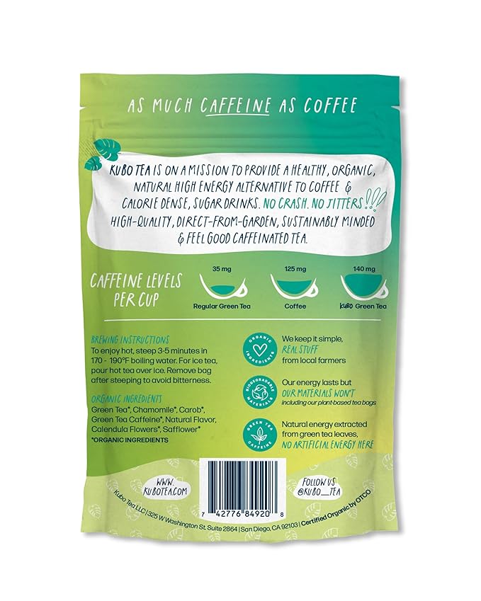 High Caffeine Tea (155 mg) - Kubo Tea: Organic Tropical Green Tea Bags for Clean Energy & Focus | Healthy Coffee Substitute | Refreshing Caffeine Blend | 20 Ct | Compostable Packaging