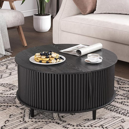 Round Coffee Table with Storage,Mid Century Modern Dining Table with Sliding Cabinet Door for Living Room,Home Small Space,31.5" Small Center Table,Black
