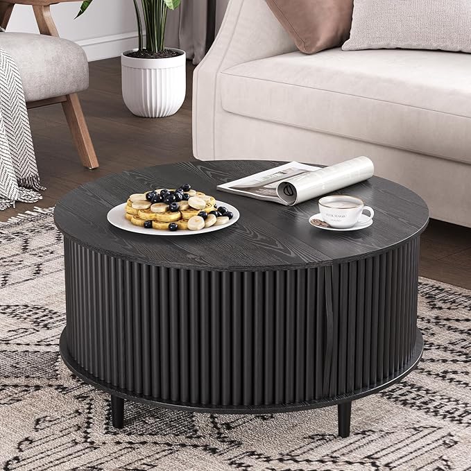 Round Coffee Table with Storage, Mid Century Modern Center Table with Sliding Cabinet Door, Fluted Dining Table for Living Room, Home Small Space, 31.5", Black